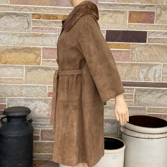 Vintage Suede Belted Coat with Rabbit Fur Collar - Picture 7 of 11